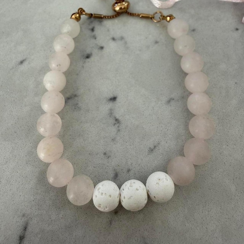 Pink Frosted Beaded Bracelet White Lava Stone Gold Tone Adjustable Slider